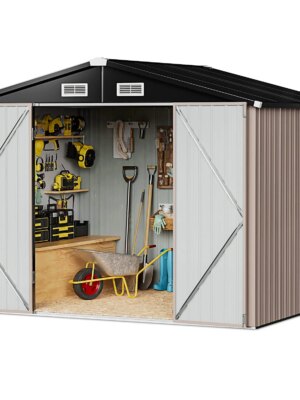 Aoxun 6.4×4 FT Metal Outdoor Storage Shed, Brown, Weatherproof, Lockable Doors, Ventilated Roof