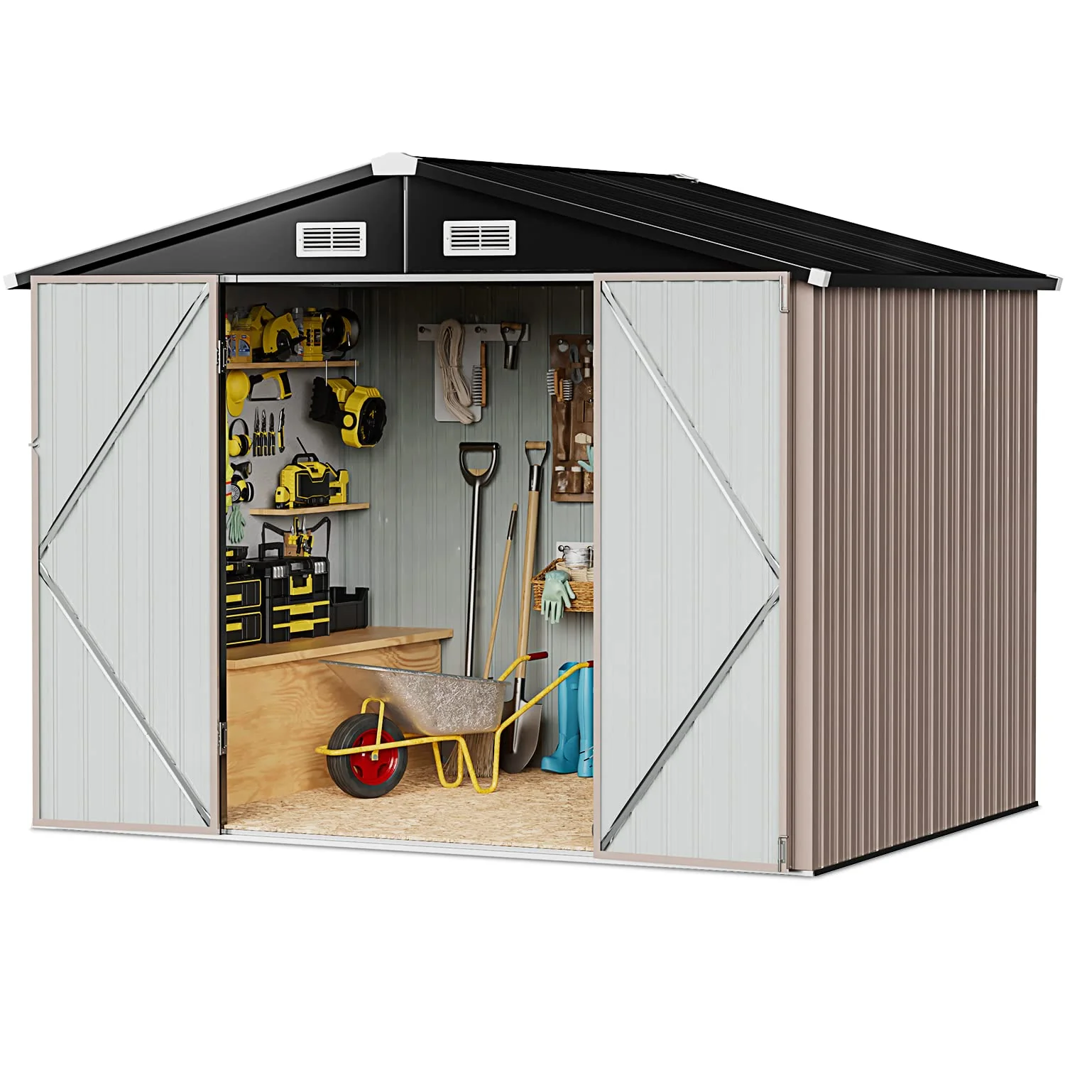 Aoxun 6.4x4 FT Metal Outdoor Storage Shed, Brown, Weatherproof, Lockable Doors, Ventilated Roof