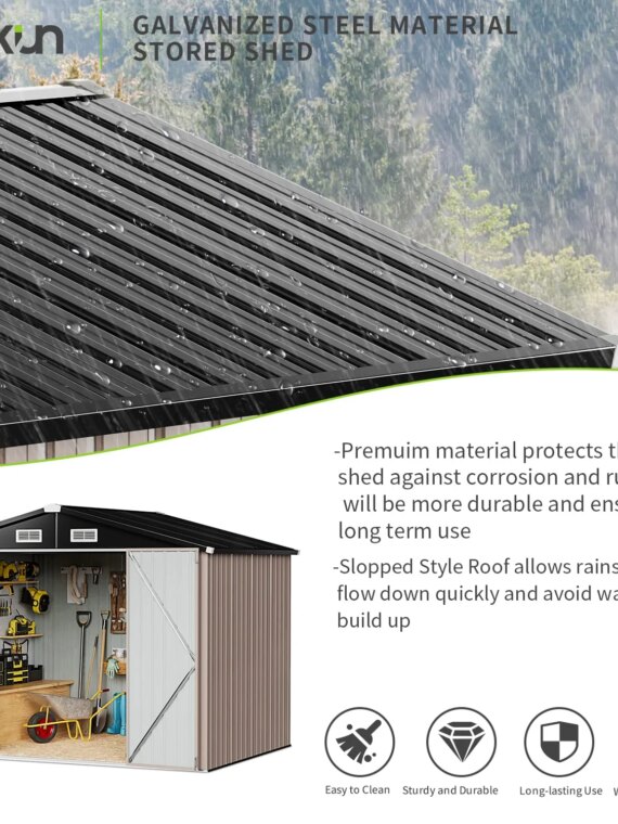 Aoxun 6.4x4 FT Metal Outdoor Storage Shed, Brown, Weatherproof, Lockable Doors, Ventilated Roof