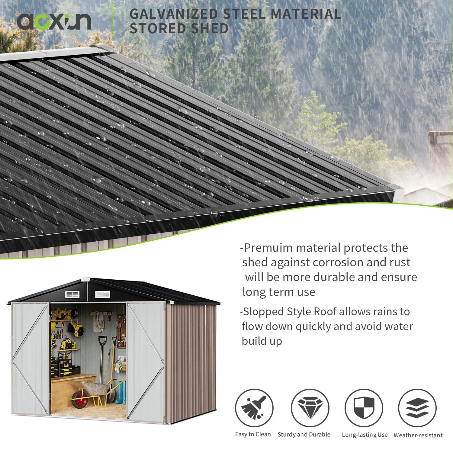 Aoxun 6.4x4 FT Metal Outdoor Storage Shed, Brown, Weatherproof, Lockable Doors, Ventilated Roof