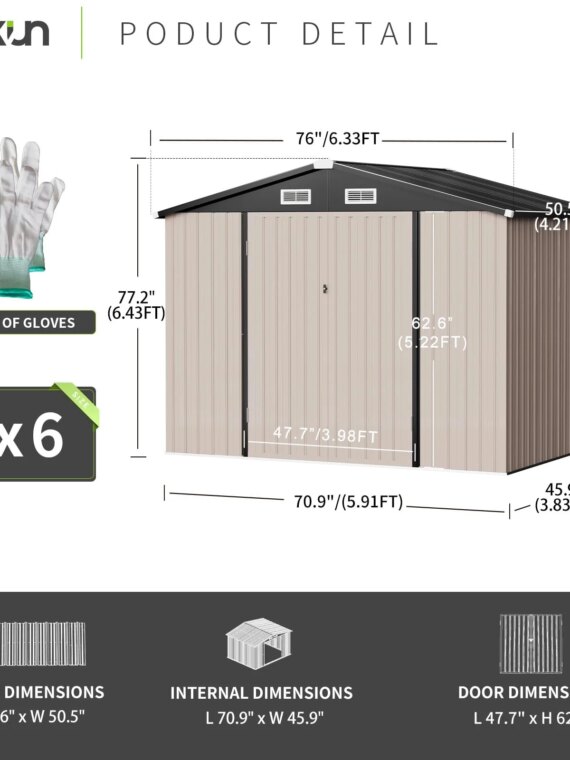 Aoxun 6.4x4 FT Metal Outdoor Storage Shed, Brown, Weatherproof, Lockable Doors, Ventilated Roof