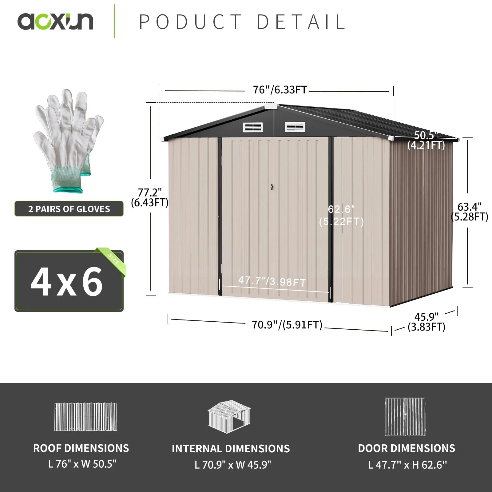 Aoxun 6.4x4 FT Metal Outdoor Storage Shed, Brown, Weatherproof, Lockable Doors, Ventilated Roof