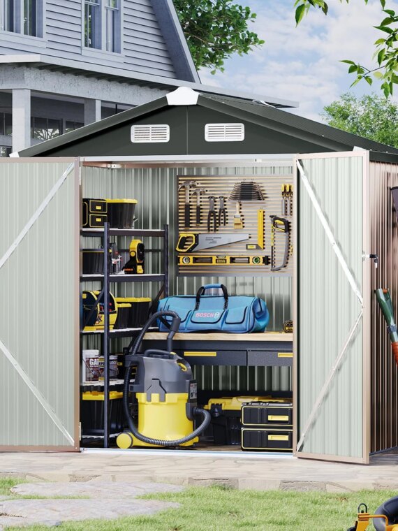Aoxun 6.4x4 FT Metal Outdoor Storage Shed, Brown, Weatherproof, Lockable Doors, Ventilated Roof