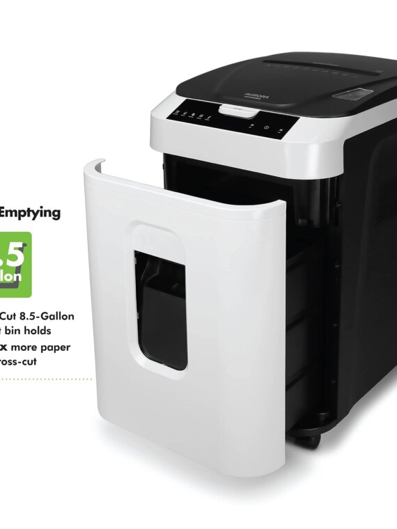 Aurora 200-Sheet Auto Feed Micro-Cut Paper Shredder, Commercial Grade, P-5 Security, 60-Min Run, 8.5-Gallon Bin