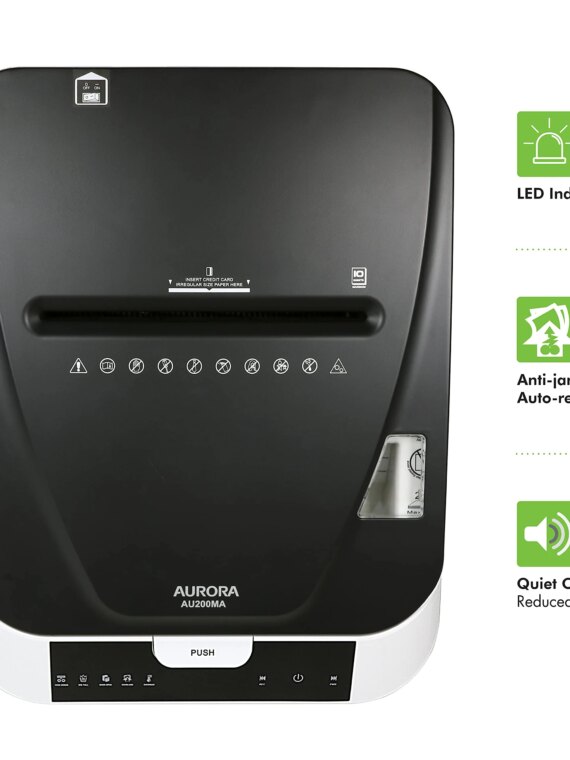 Aurora 200-Sheet Auto Feed Micro-Cut Paper Shredder, Commercial Grade, P-5 Security, 60-Min Run, 8.5-Gallon Bin