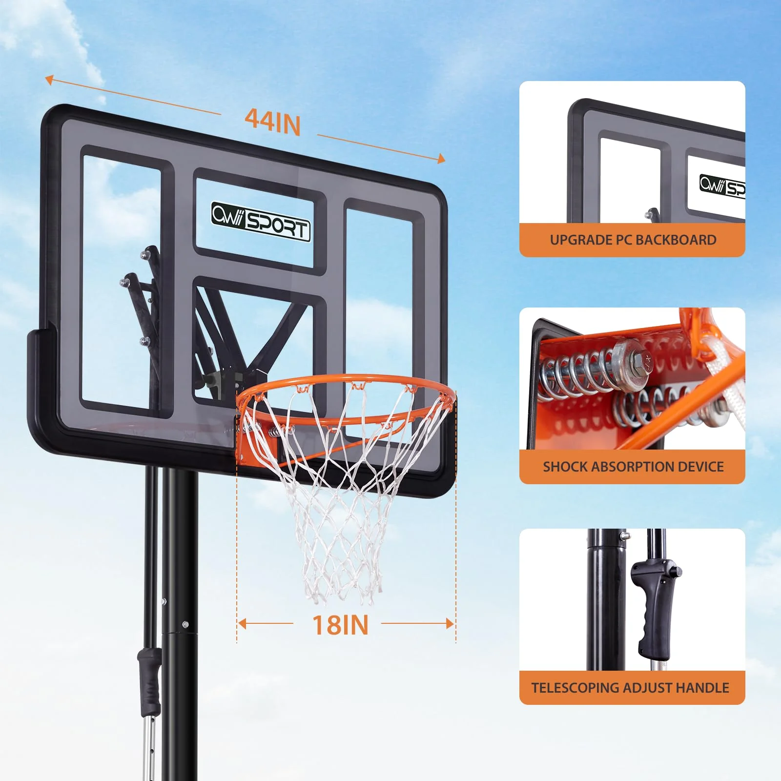 AWII SPORT Portable Basketball Hoop, Adjustable 4.8-10FT, Shatterproof 44" Backboard, Outdoor Use