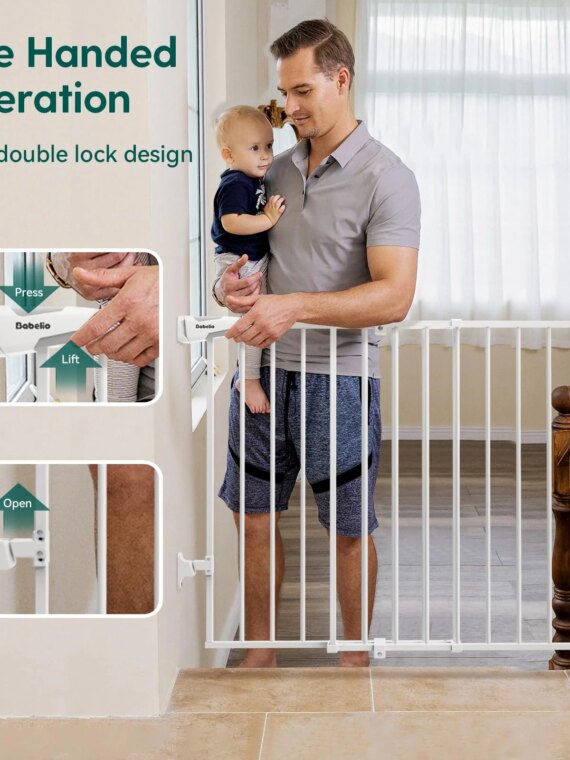 Babelio Adjustable 26-43" Stairway Baby & Pet Gate, No Bottom Bar, Auto-Close, Steel, Easy Install