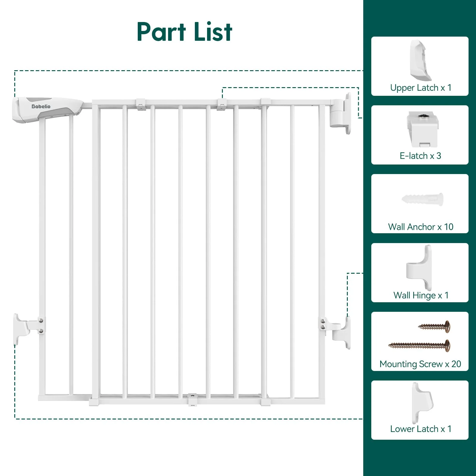 Babelio Adjustable 26-43" Stairway Baby & Pet Gate, No Bottom Bar, Auto-Close, Steel, Easy Install