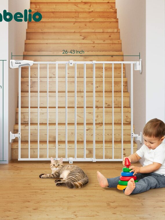 Babelio Adjustable 26-43" Stairway Baby & Pet Gate, No Bottom Bar, Auto-Close, Steel, Easy Install