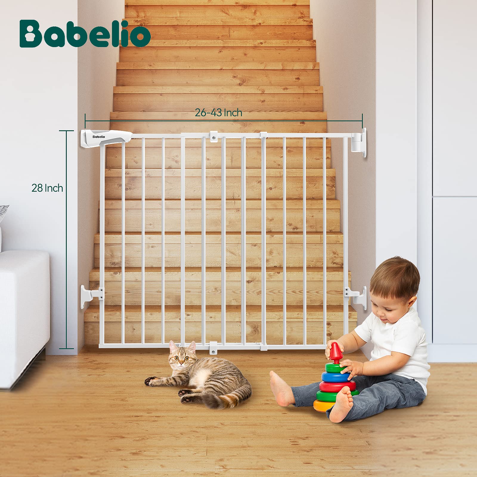Babelio Adjustable 26-43" Stairway Baby & Pet Gate, No Bottom Bar, Auto-Close, Steel, Easy Install