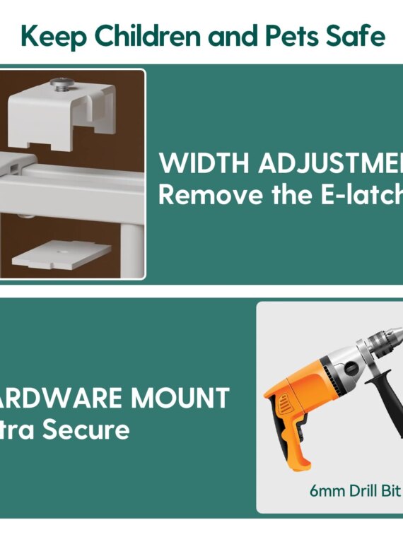 Babelio Adjustable 26-43" Stairway Baby & Pet Gate, No Bottom Bar, Auto-Close, Steel, Easy Install