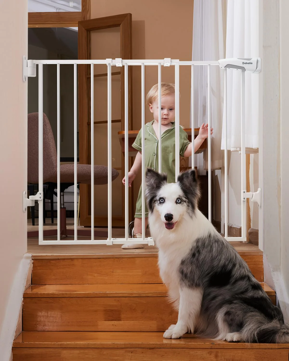Babelio Adjustable 26-43" Stairway Baby & Pet Gate, No Bottom Bar, Auto-Close, Steel, Easy Install