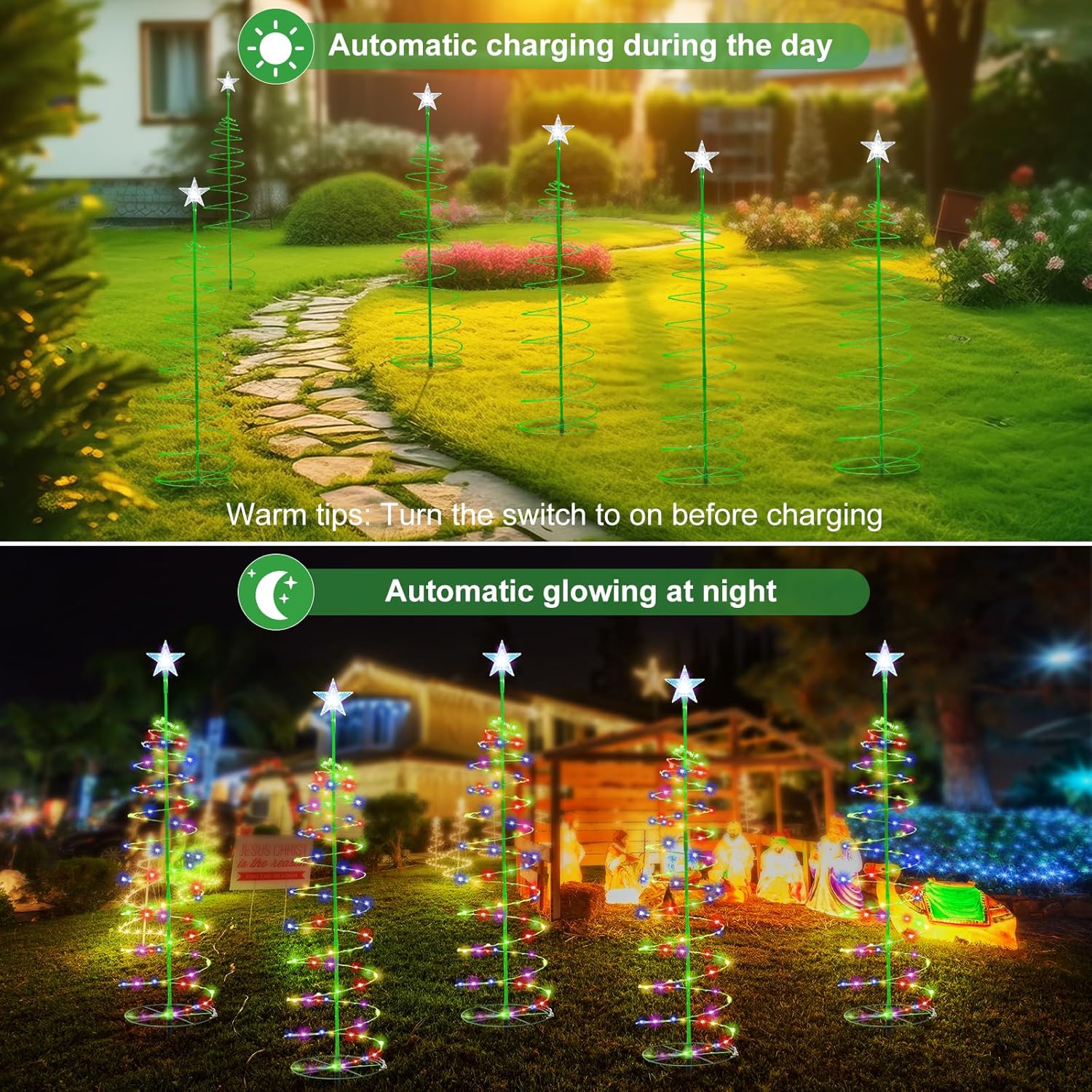 Baquler Multicolor Solar Christmas Tree Lights, 6-Pack, 3 ft, 8 Modes, Waterproof, for Outdoor Pathway, Yard, Patio Decorations