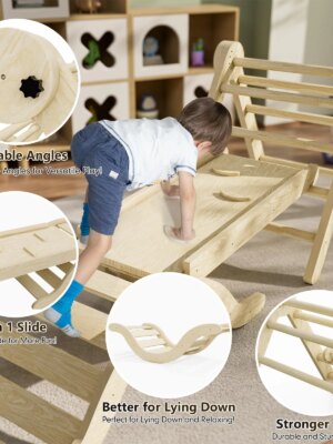 bbgroundgrm 5-in-1 Montessori Toddler Climbing Set, Solid Wood Indoor Climber, Foldable & CPSC Certified