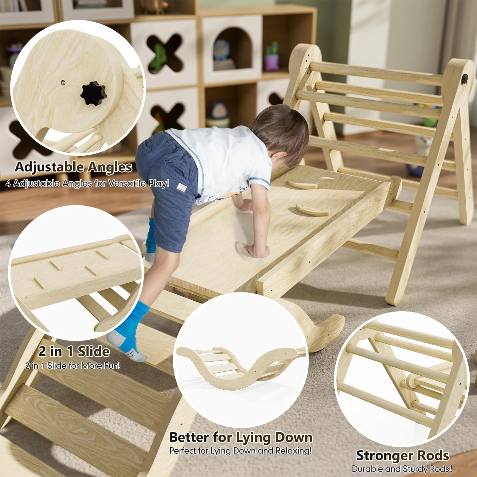 bbgroundgrm 5-in-1 Montessori Toddler Climbing Set, Solid Wood Indoor Climber, Foldable & CPSC Certified