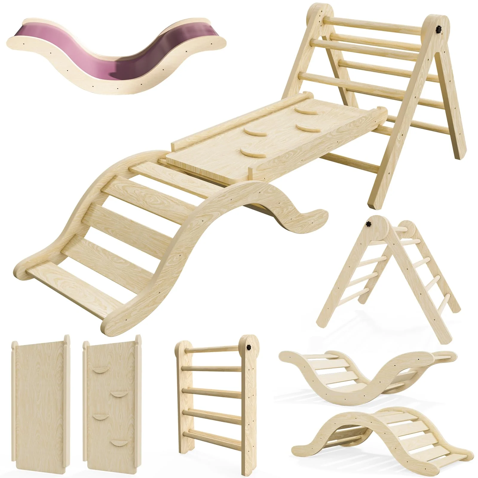 bbgroundgrm 5-in-1 Montessori Toddler Climbing Set, Solid Wood Indoor Climber, Foldable & CPSC Certified