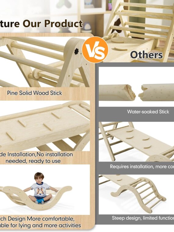 bbgroundgrm 5-in-1 Montessori Toddler Climbing Set, Solid Wood Indoor Climber, Foldable & CPSC Certified