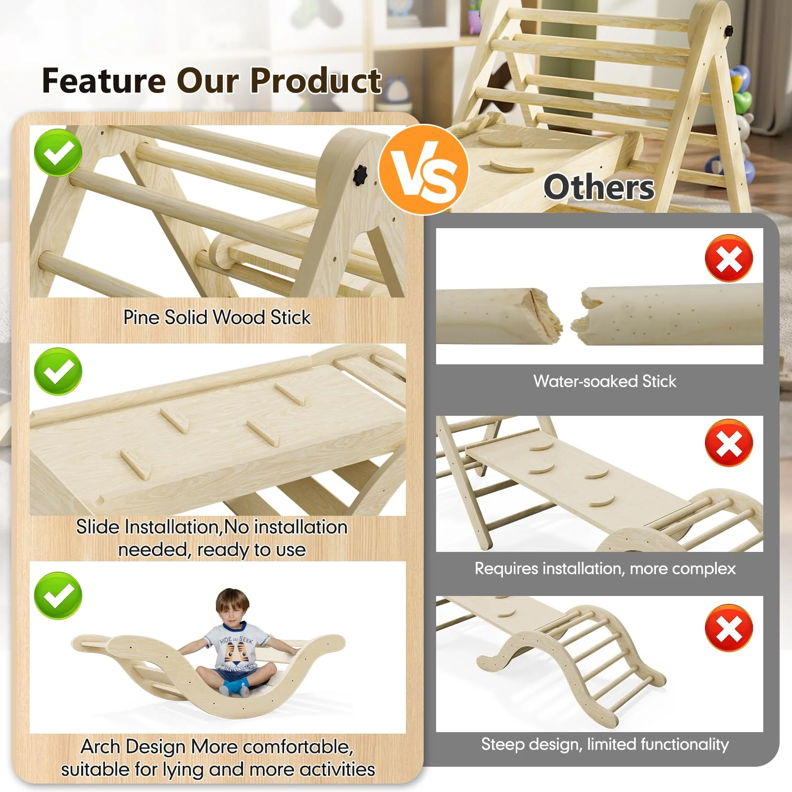 bbgroundgrm 5-in-1 Montessori Toddler Climbing Set, Solid Wood Indoor Climber, Foldable & CPSC Certified