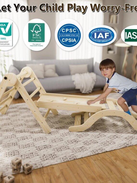 bbgroundgrm 5-in-1 Montessori Toddler Climbing Set, Solid Wood Indoor Climber, Foldable & CPSC Certified