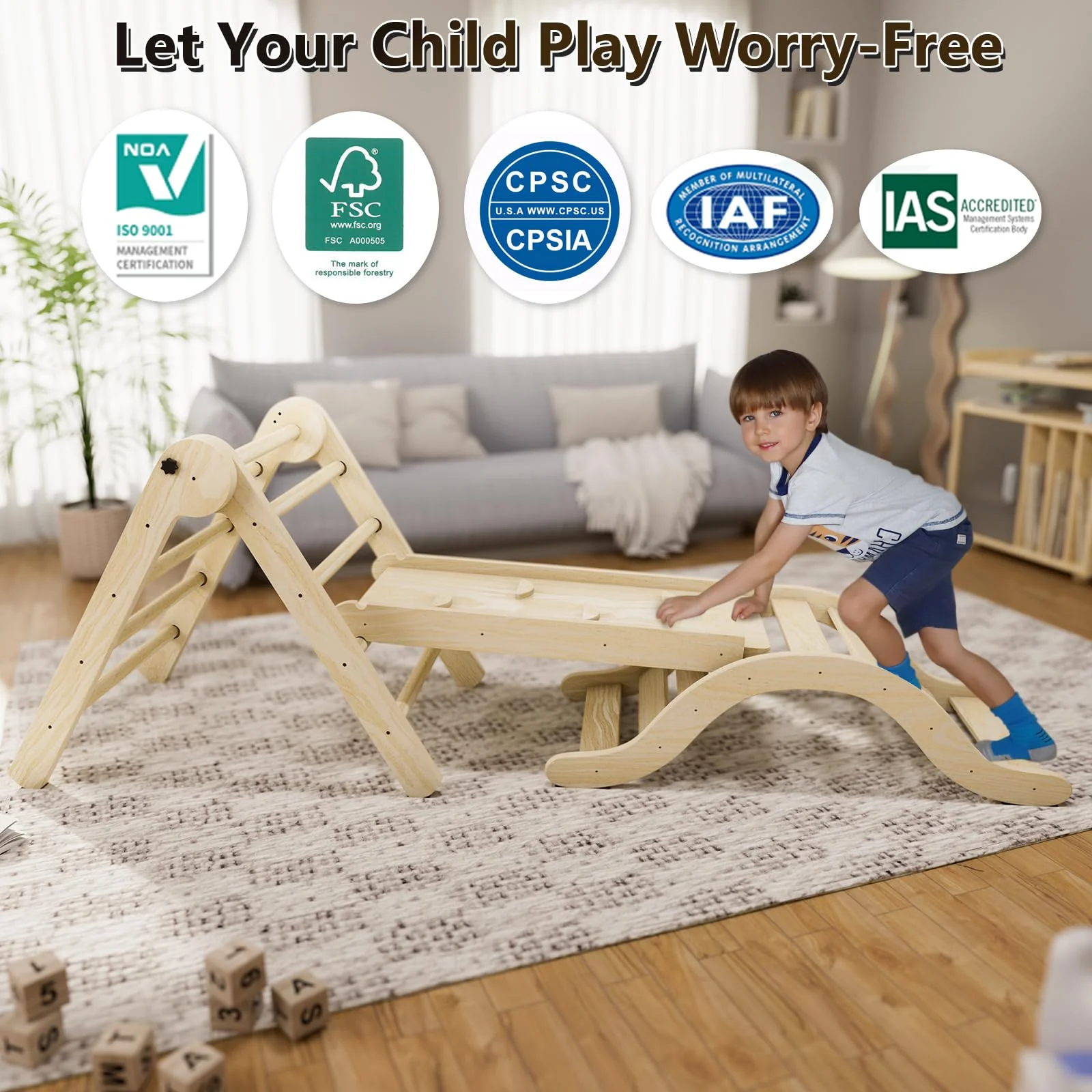 bbgroundgrm 5-in-1 Montessori Toddler Climbing Set, Solid Wood Indoor Climber, Foldable & CPSC Certified