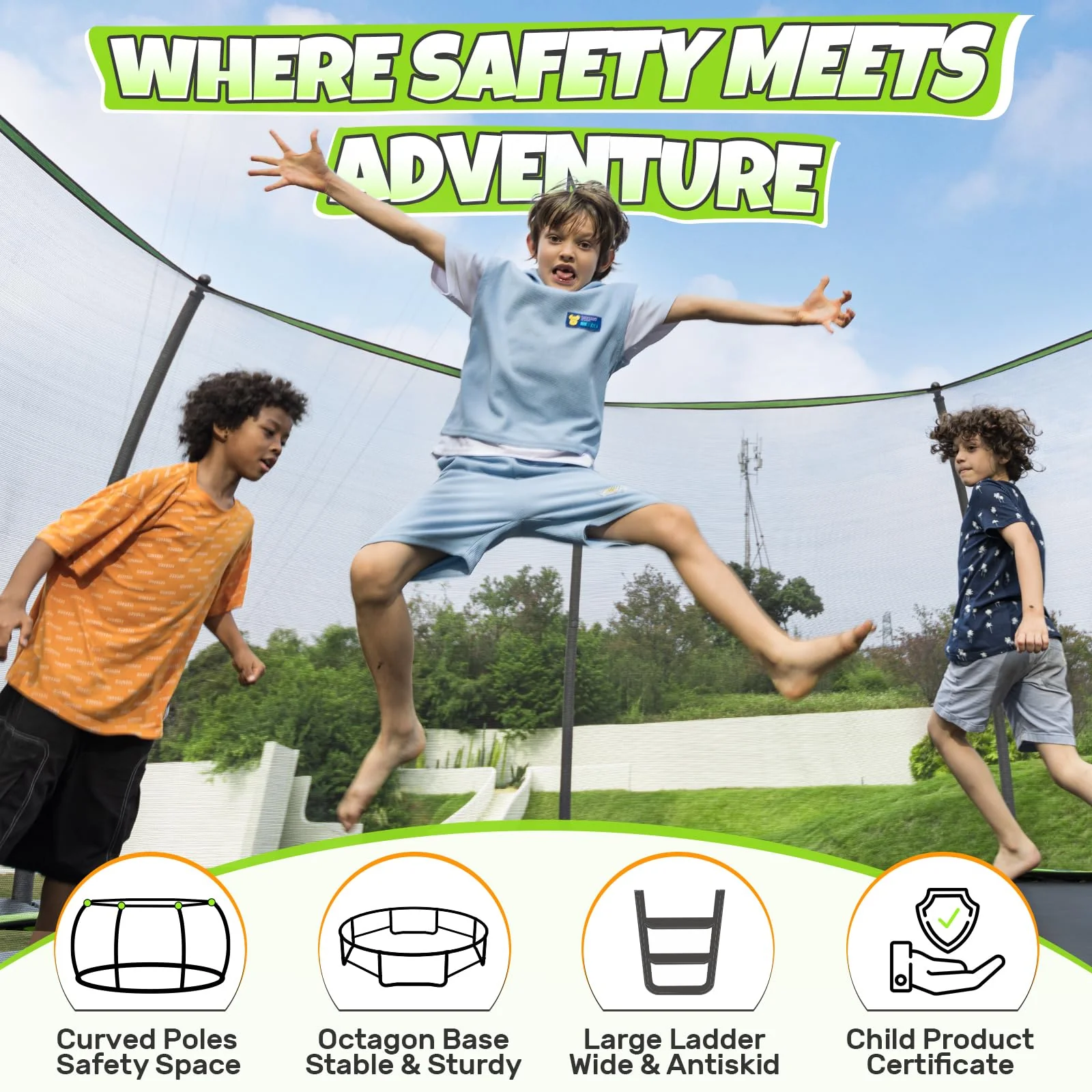 BCAN 14FT Recreational Trampoline with Safety Enclosure, ASTM Certified, 450 lbs Capacity, Easy Setup, Rust-Resistant Frame