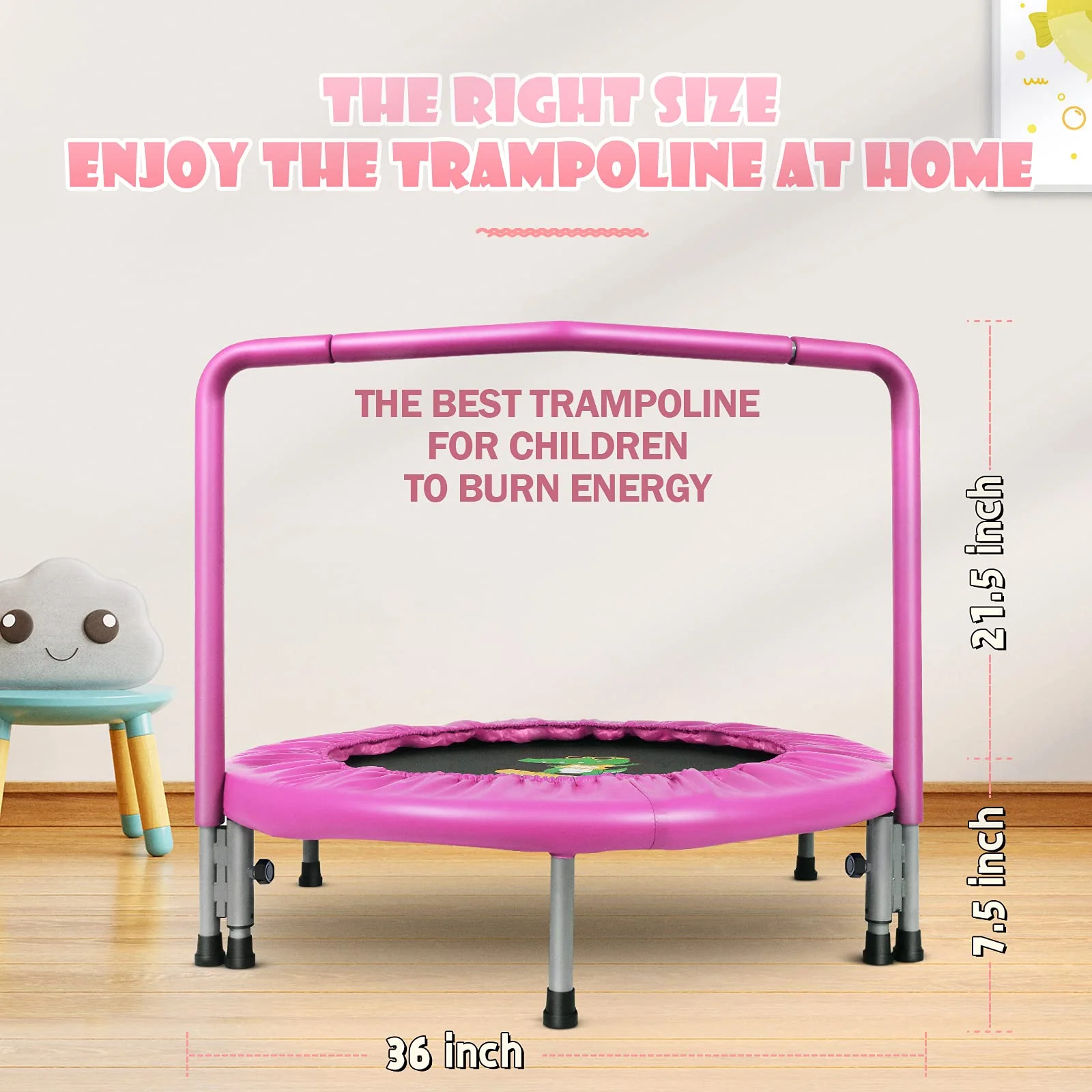 BCAN 36" Mini Folding Toddler Trampoline with Adjustable Handlebar, Ages 1-6, Indoor Play, Safety Features