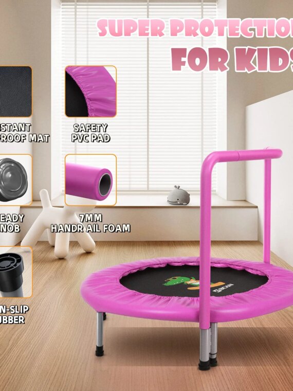BCAN 36" Mini Folding Toddler Trampoline with Adjustable Handlebar, Ages 1-6, Indoor Play, Safety Features