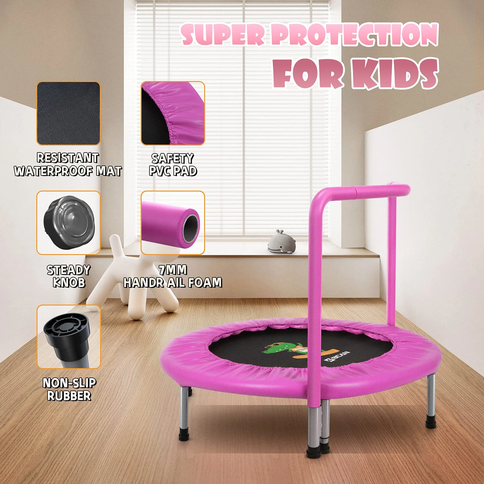 BCAN 36" Mini Folding Toddler Trampoline with Adjustable Handlebar, Ages 1-6, Indoor Play, Safety Features
