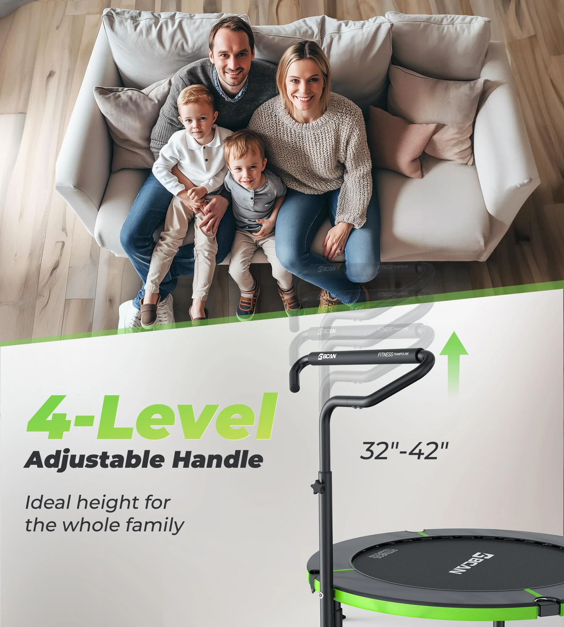 BCAN 40" Foldable Mini Trampoline, 330lbs Capacity, Adjustable Handle, Indoor Fitness Equipment