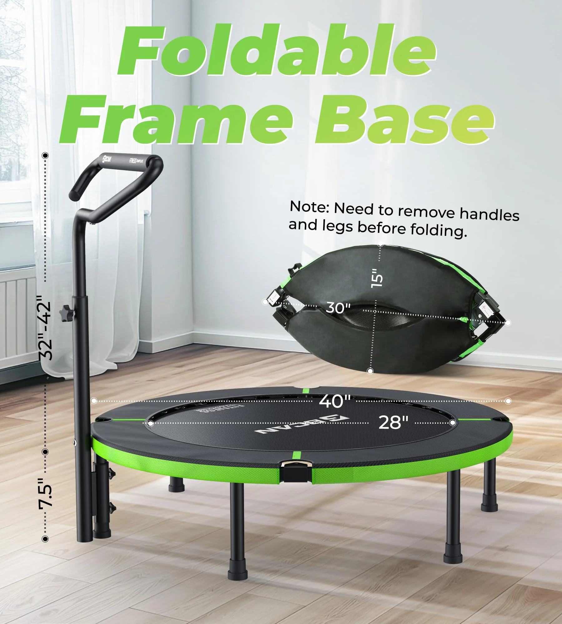 BCAN 40" Foldable Mini Trampoline, 330lbs Capacity, Adjustable Handle, Indoor Fitness Equipment