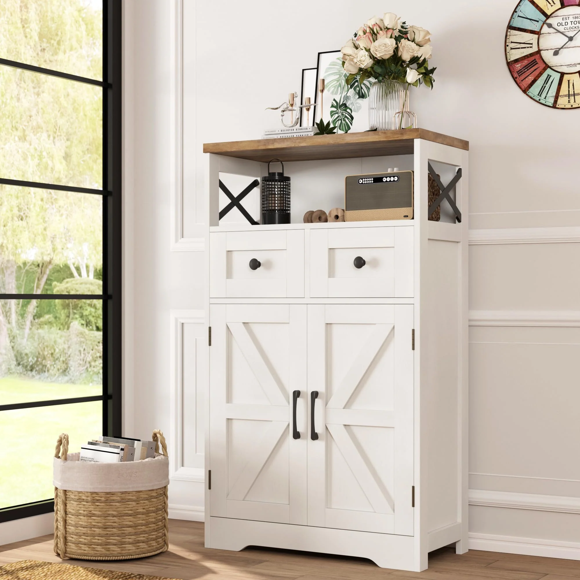 Befrases Farmhouse White Storage Cabinet with Doors, Drawers & Adjustable Shelf - Kitchen Pantry/Sideboard