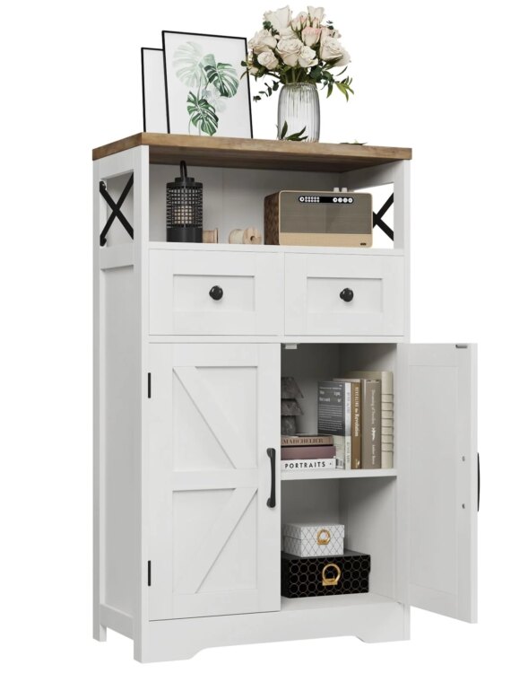 Befrases Farmhouse White Storage Cabinet with Doors, Drawers & Adjustable Shelf - Kitchen Pantry/Sideboard