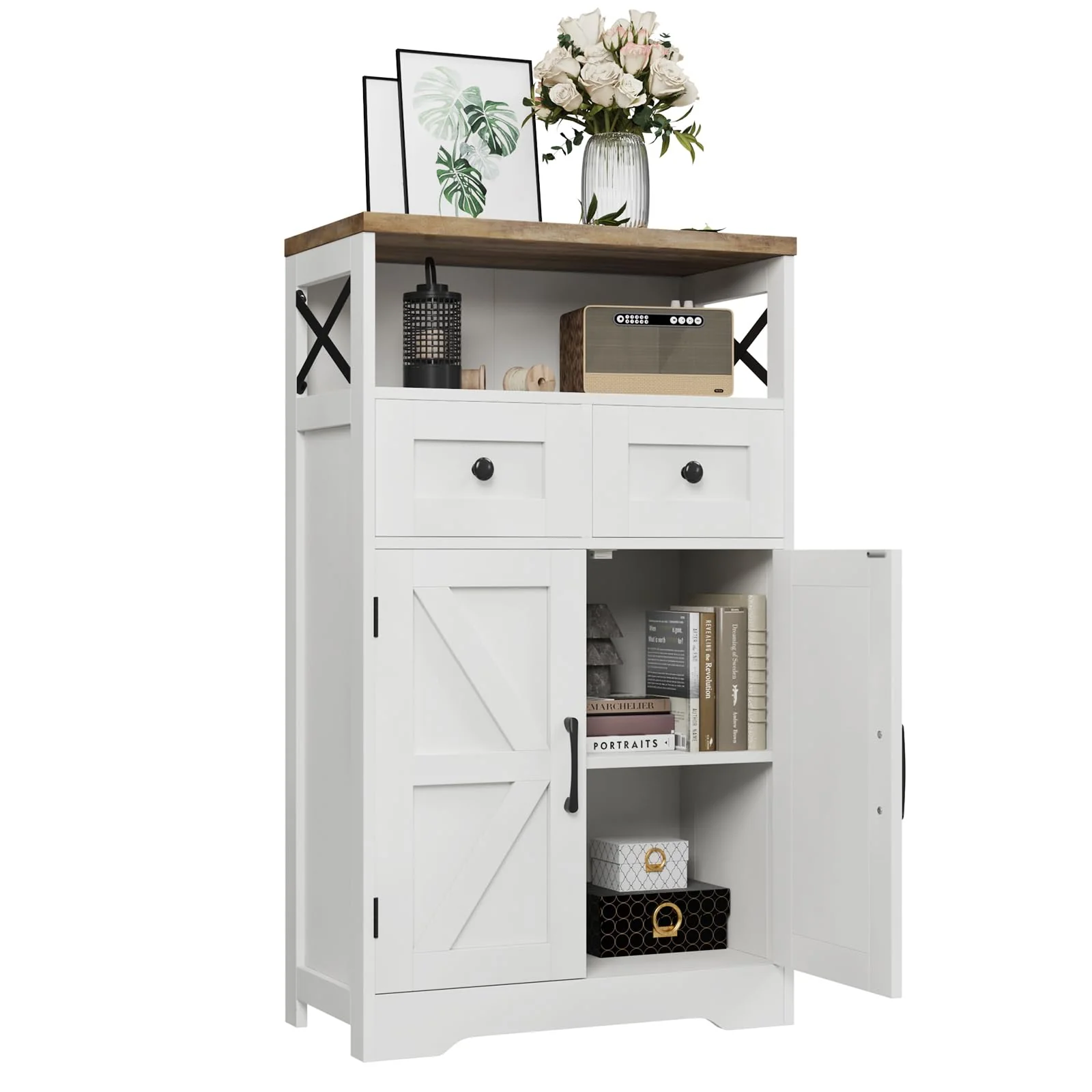 Befrases Farmhouse White Storage Cabinet with Doors, Drawers & Adjustable Shelf - Kitchen Pantry/Sideboard