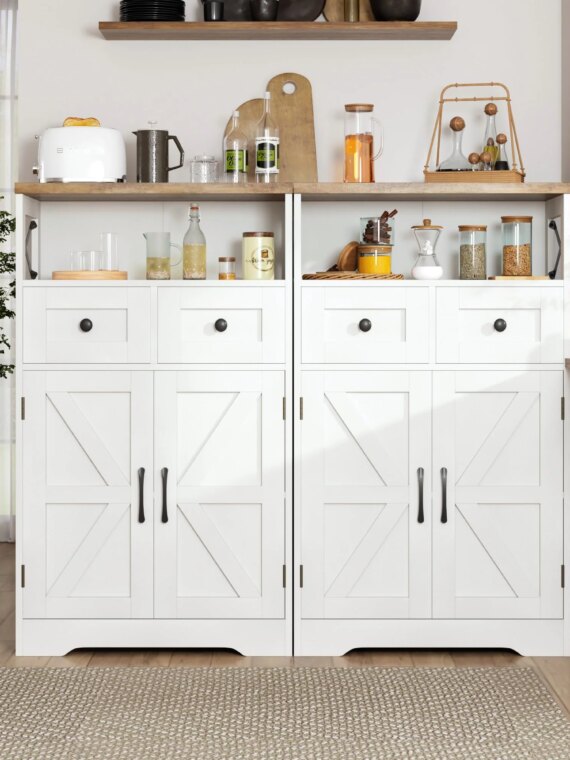 Befrases Farmhouse White Storage Cabinet with Doors, Drawers & Adjustable Shelf - Kitchen Pantry/Sideboard