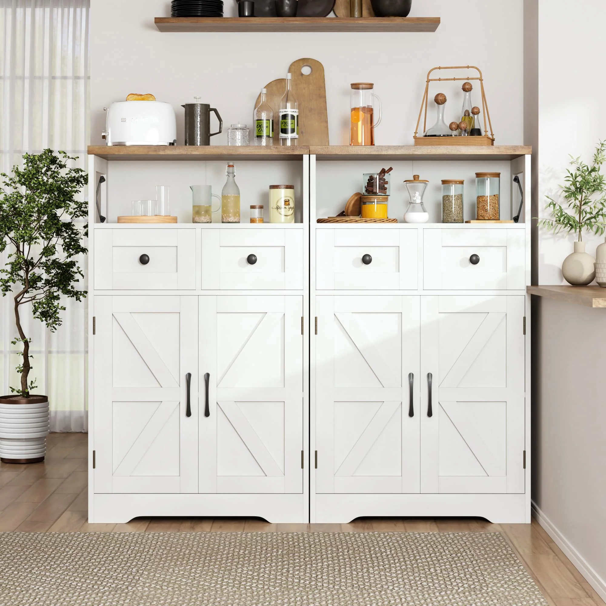 Befrases Farmhouse White Storage Cabinet with Doors, Drawers & Adjustable Shelf - Kitchen Pantry/Sideboard