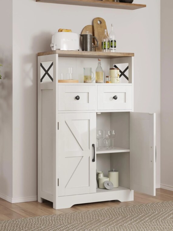 Befrases Farmhouse White Storage Cabinet with Doors, Drawers & Adjustable Shelf - Kitchen Pantry/Sideboard