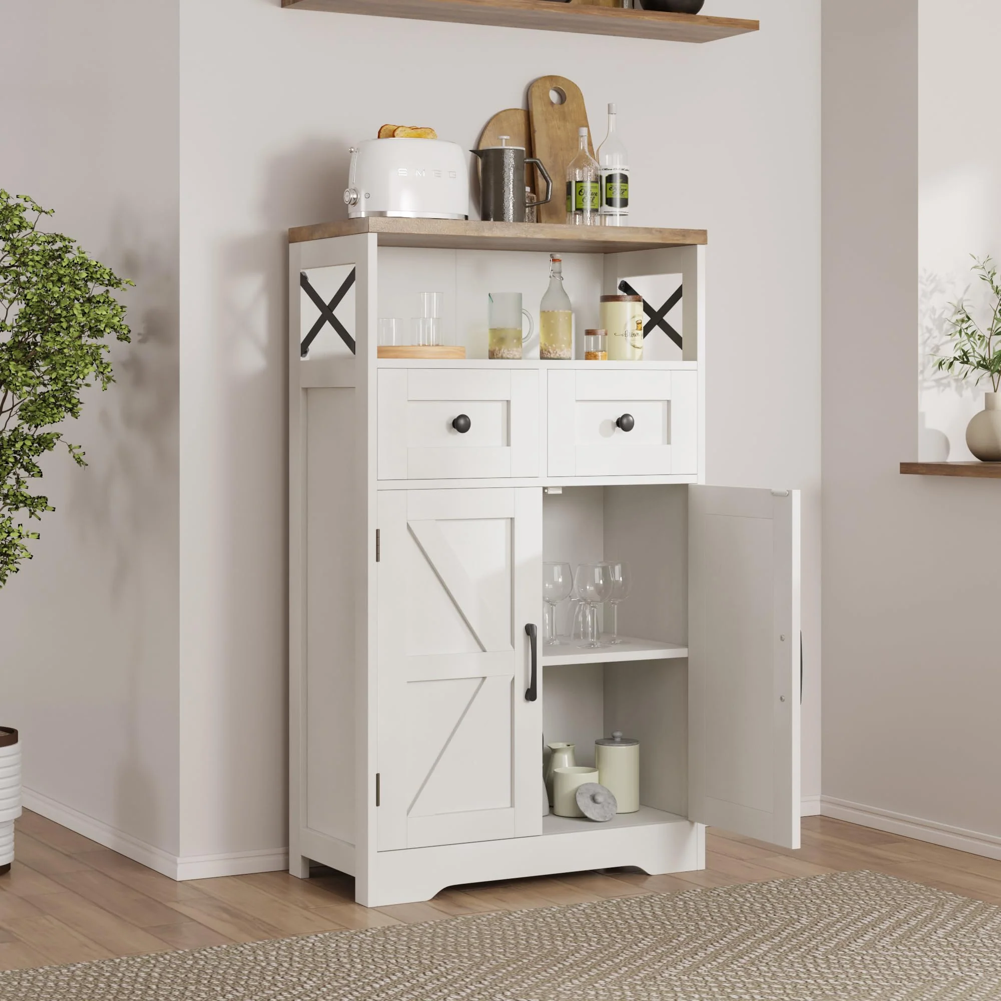 Befrases Farmhouse White Storage Cabinet with Doors, Drawers & Adjustable Shelf - Kitchen Pantry/Sideboard