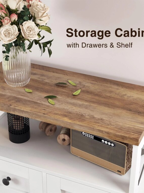 Befrases Farmhouse White Storage Cabinet with Doors, Drawers & Adjustable Shelf - Kitchen Pantry/Sideboard