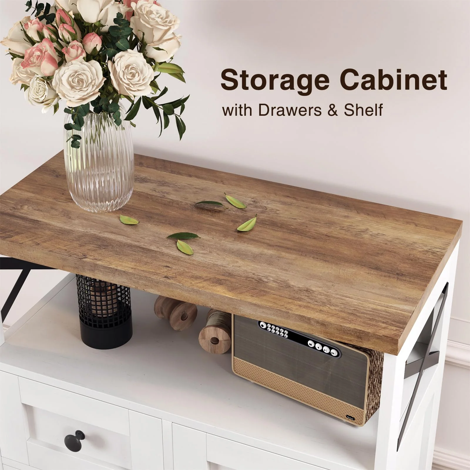 Befrases Farmhouse White Storage Cabinet with Doors, Drawers & Adjustable Shelf for Home