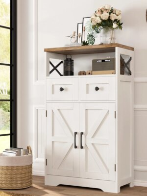Befrases Farmhouse White Storage Cabinet with Doors, Drawers & Adjustable Shelf for Home