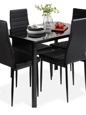 Best Choice Products 5-Piece Glass Dining Set, Black, Modern Table & Faux Leather Chairs