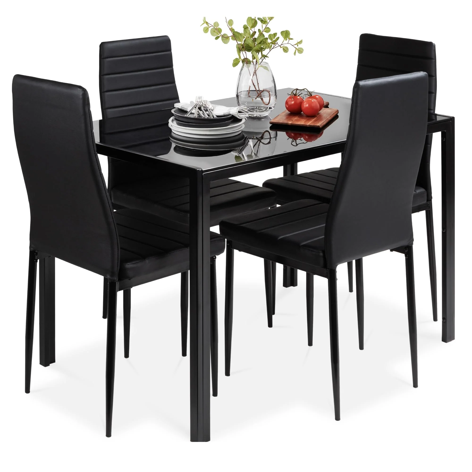 Best Choice Products 5-Piece Glass Dining Set, Black, Modern Table & Faux Leather Chairs