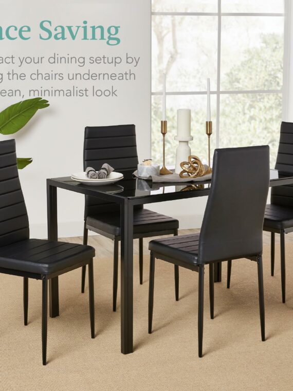 Best Choice Products 5-Piece Glass Dining Set, Black, Modern Table & Faux Leather Chairs