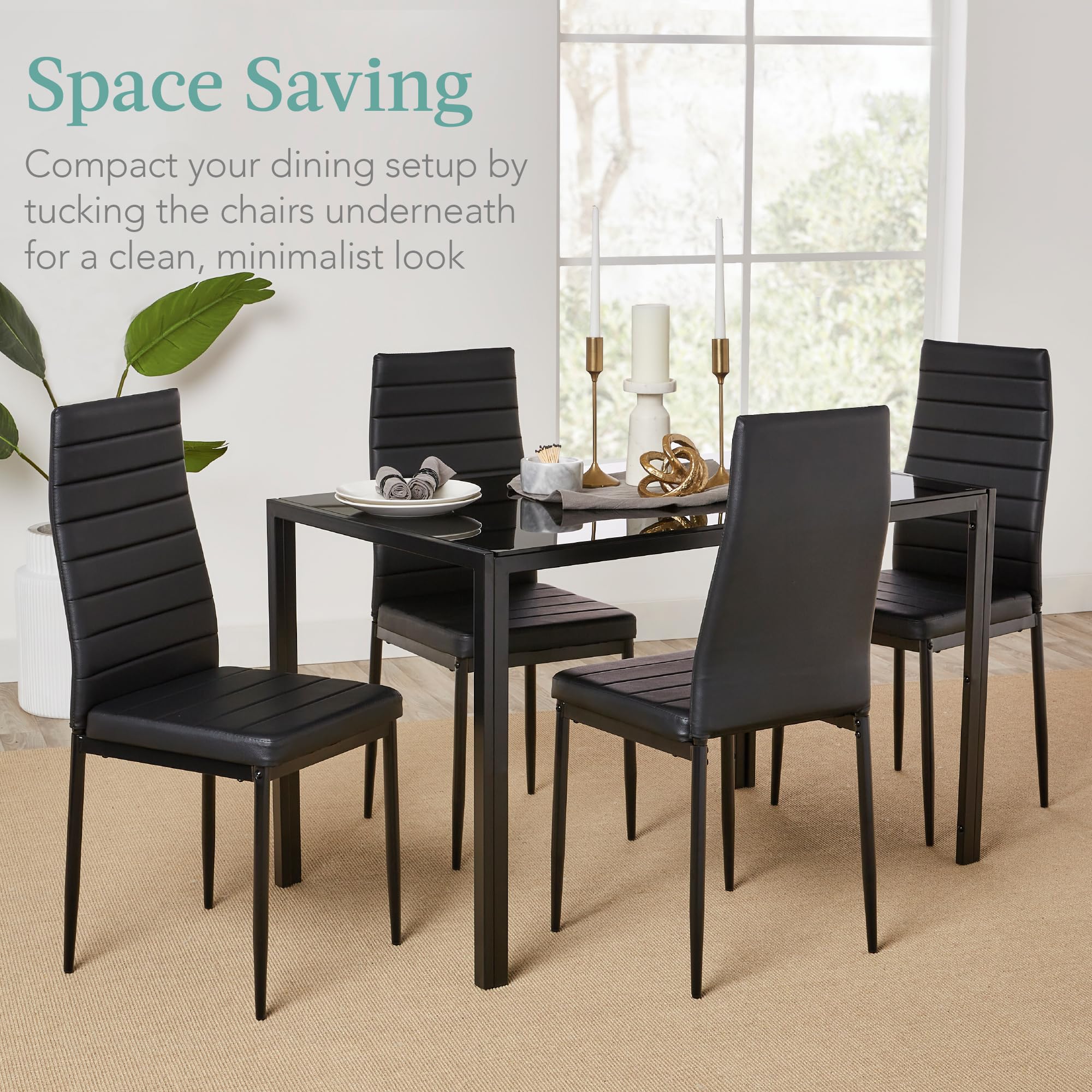 Best Choice Products 5-Piece Glass Dining Set, Black, Modern Table & Faux Leather Chairs