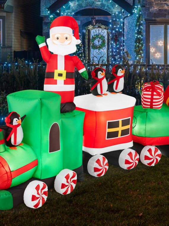 Best Choice Products Inflatable Christmas Train with LED Lights & Animated Santa, 8.5x5ft Outdoor Holiday Decor