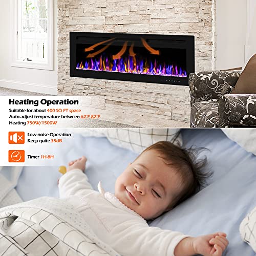 BETELNUT 50" Electric Fireplace Wall Mounted/Recessed, Remote Control, Adjustable Heat, Multi-Color Flames, ETL Certified