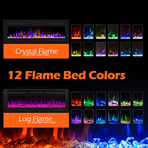 BETELNUT 50" Electric Fireplace Wall Mounted/Recessed, Remote Control, Adjustable Heat, Multi-Color Flames, ETL Certified