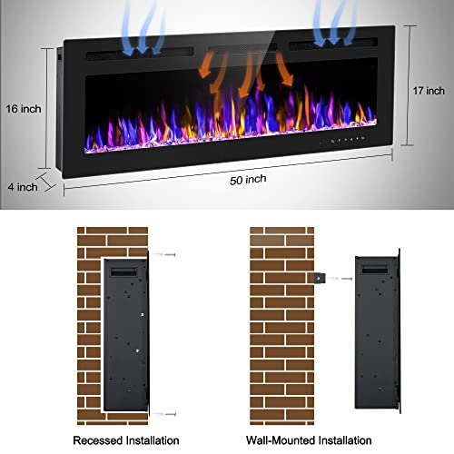 BETELNUT 50" Electric Fireplace Wall Mounted/Recessed, Remote Control, Adjustable Heat, Multi-Color Flames, ETL Certified