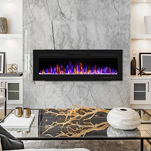 BETELNUT 50" Electric Fireplace Wall Mounted/Recessed, Remote Control, Adjustable Heat, Multi-Color Flames, ETL Certified