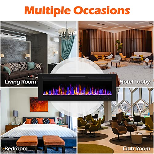 BETELNUT 50" Electric Fireplace Wall Mounted/Recessed, Remote Control, Adjustable Heat, Multi-Color Flames, ETL Certified